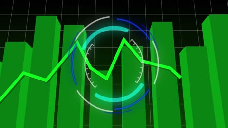 animación del escáner redondo de neón y procesamiento de datos estadísticos contra un fondo negro