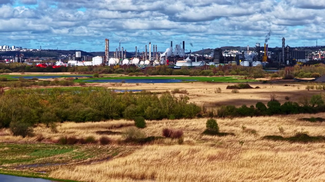 Industrieller Raffineriekomplex, der Rauch hinter ausgedehnten natürlichen Feuchtgebieten ausstößt.