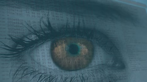 animation of woman's amber eye with fast scrolling digital information