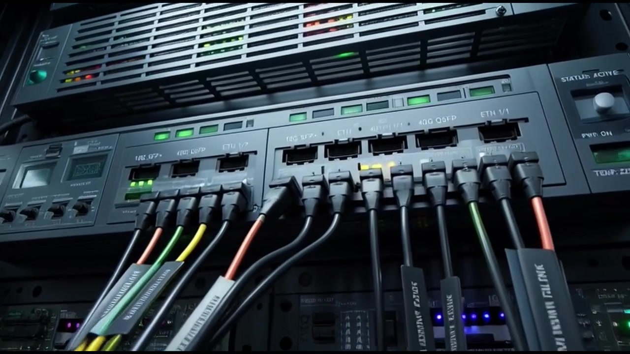 Close-up of Network Server Rack with Connected Cables