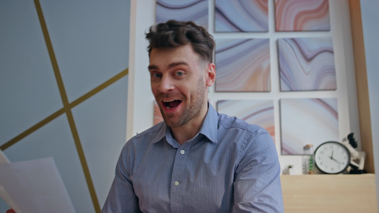 Remote excited designer talking online conversation with colleague pov view