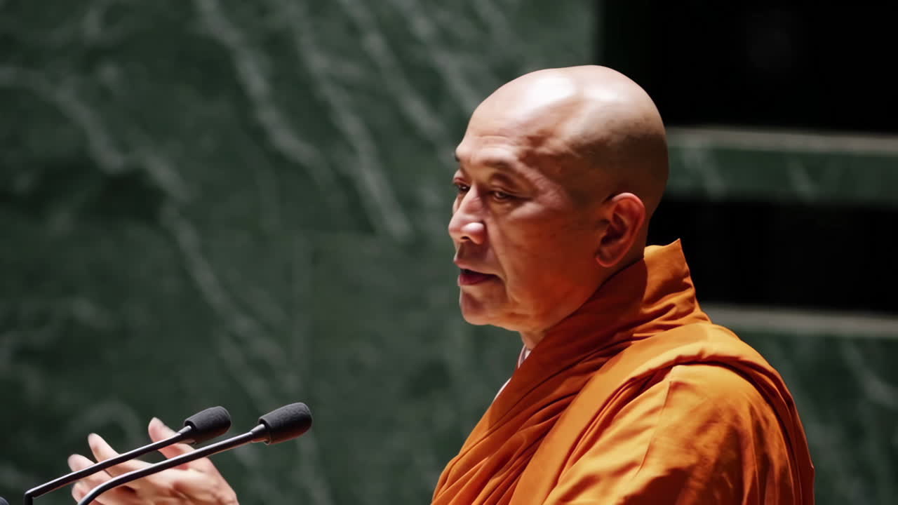 monje hablando en las naciones unidas