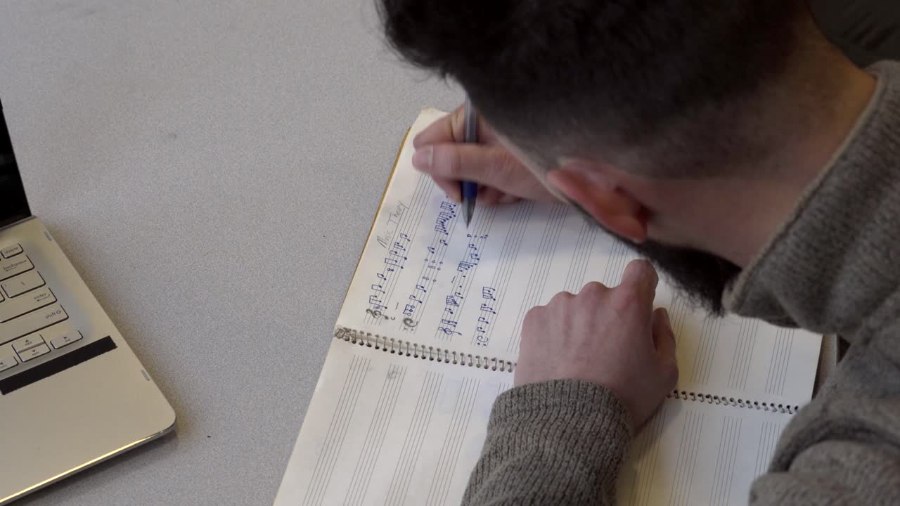 Musician Wearing Brown Long Sleeves Writing Music Notes On Blank Music Sheet  - Close Up Shot