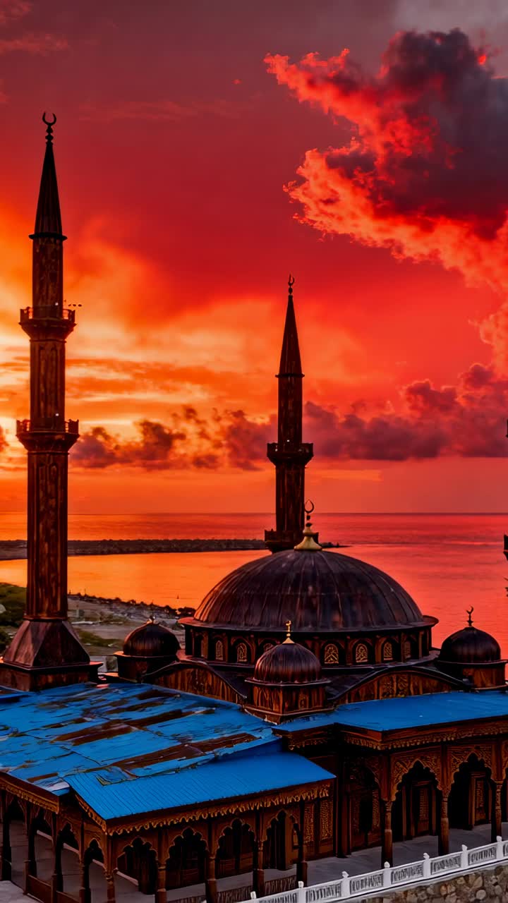 Video verticale: Al tramonto, la telecamera panoramica oltre le cupole e i minareti delle moschee, con tetti blu sulla costa.