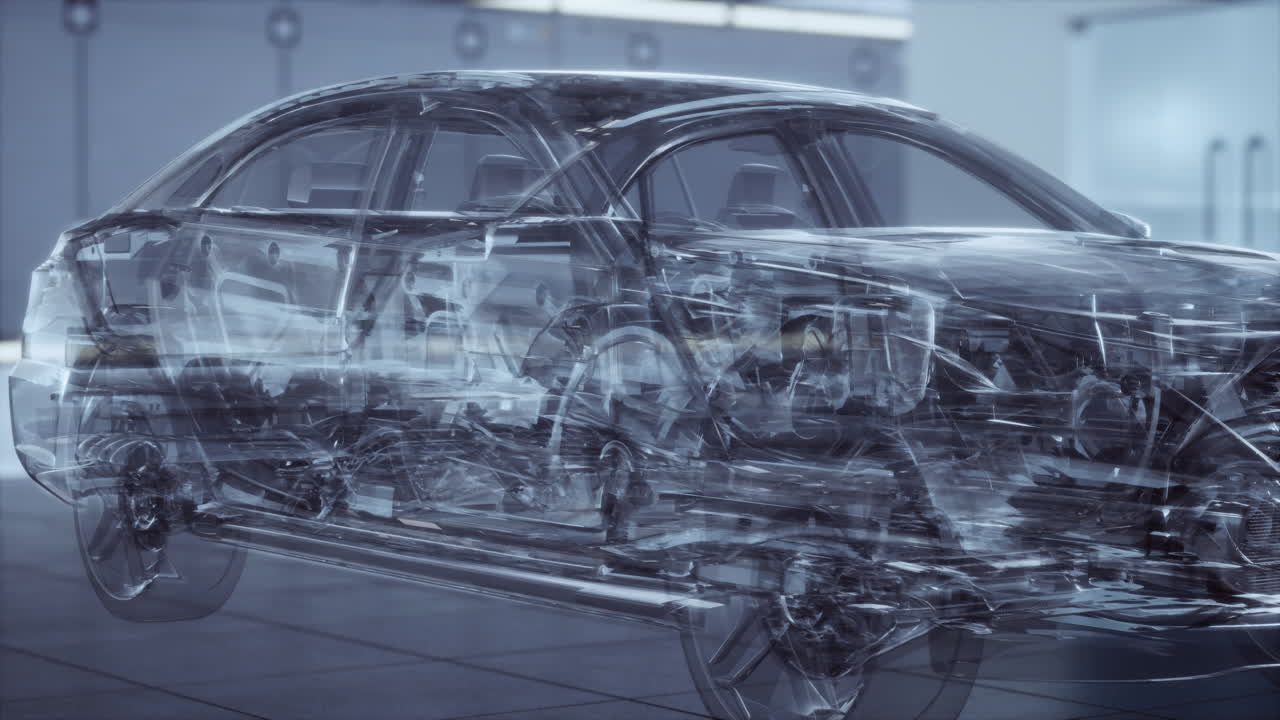 실험실에서 엔진이 있는 투명한 자동차