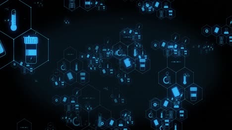 animation of networks of blue medical and communication icons moving on black background