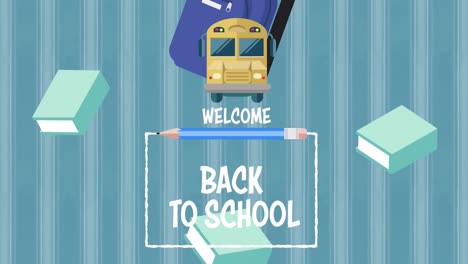 animation of welcome back to school text and school icons falling against blue striped background