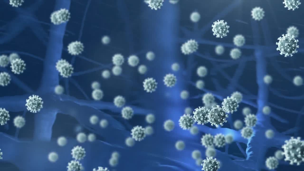 animación de covid 19 flotando sobre una red de neuronas brillantes azules en el fondo