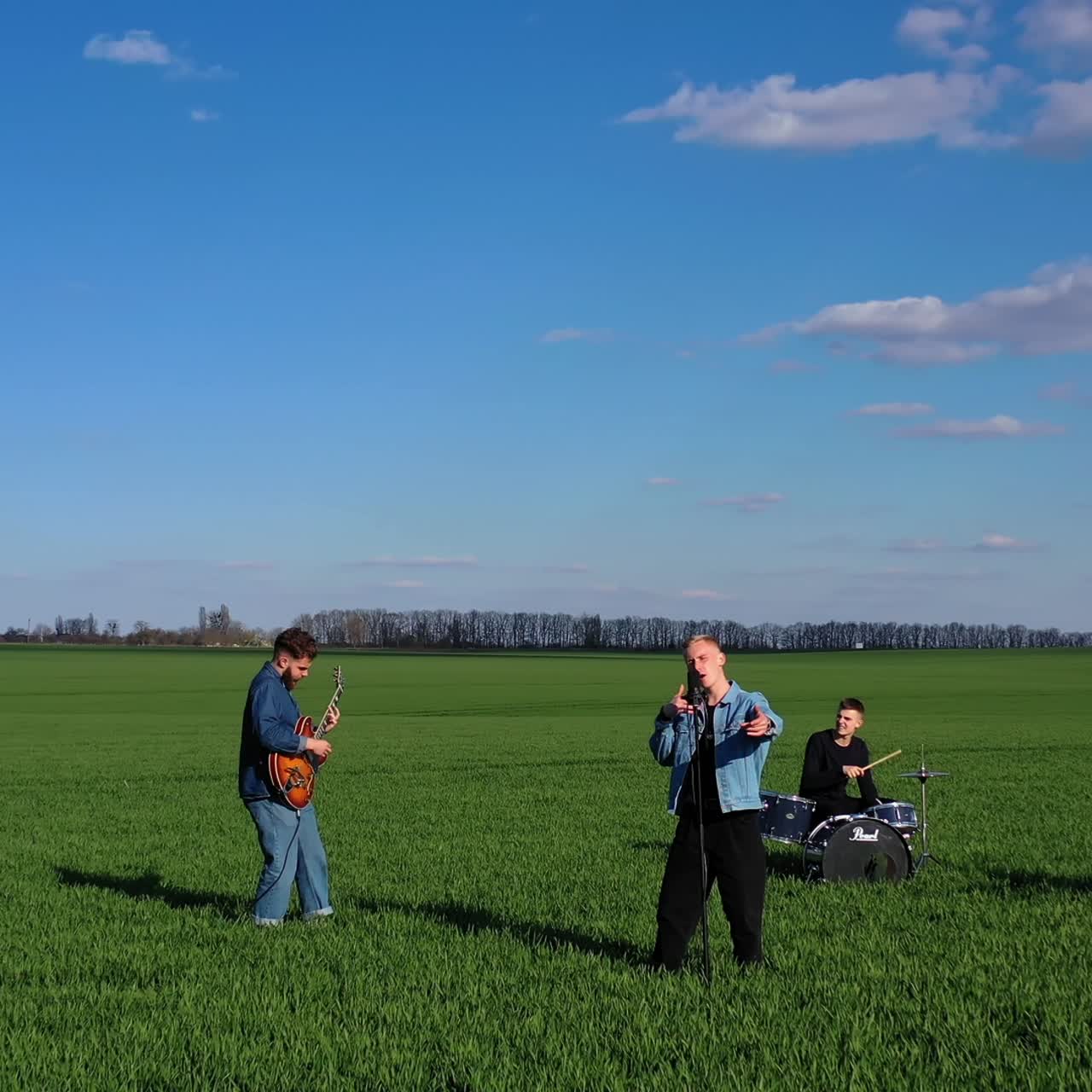 Young men perform music outdoors. Group of friends playing musical instruments and singing on green field background. Orbital view