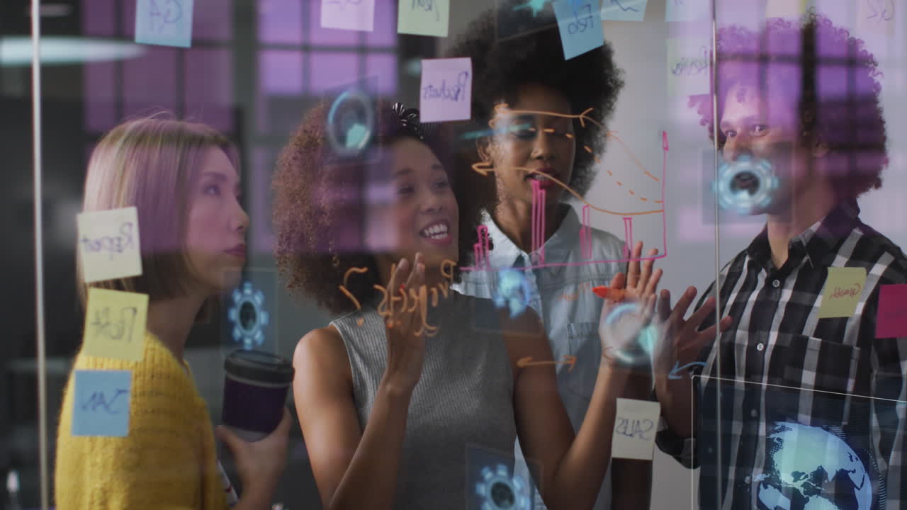 범위 및 데이터 처리의 애니메이션 다양한 비즈니스 사람들 사무실에서