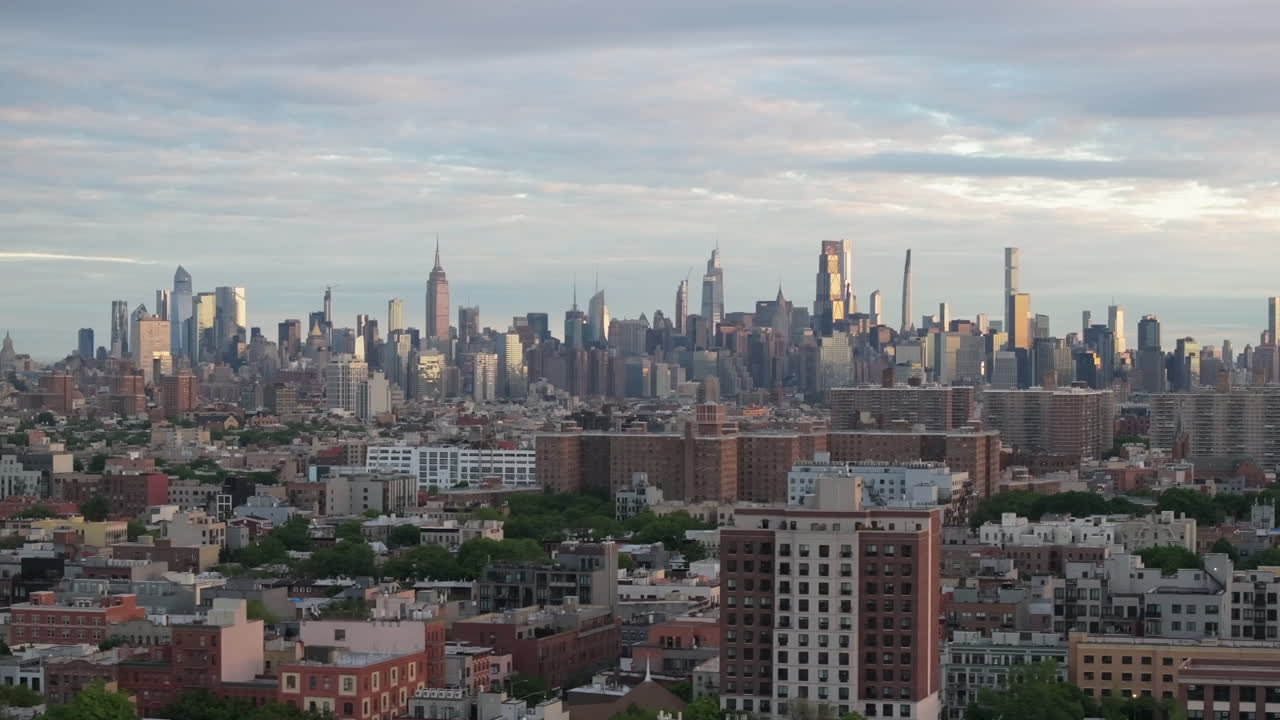 Aerial view of the New York City skyline. Shot on an overcast morning in Bedford-Stuyvesant, Brooklyn