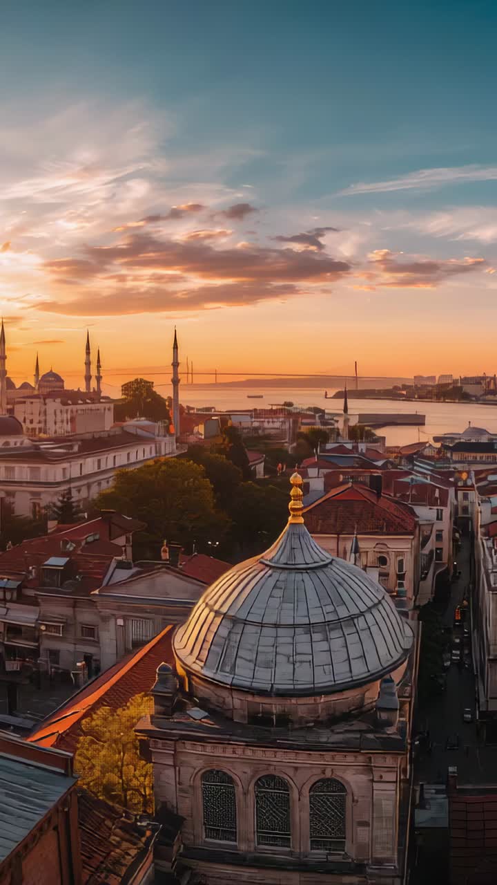 Vertical video: Raising handheld camera revealing gilded finial dome, red-tiled roofs toward harbor