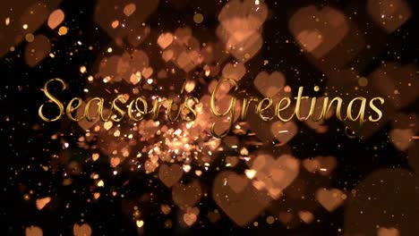 animation of seasons gratings text over glowing gold hearts