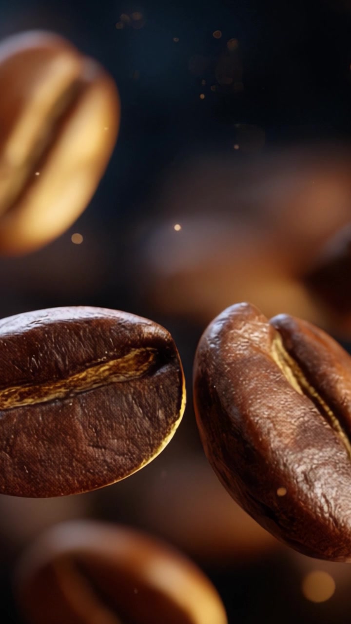 Nærbillede af flydende kaffebønner, der fanger den rige tekstur og smag af friskristede Arabica-kaffebønner i en kunstnerisk komposition