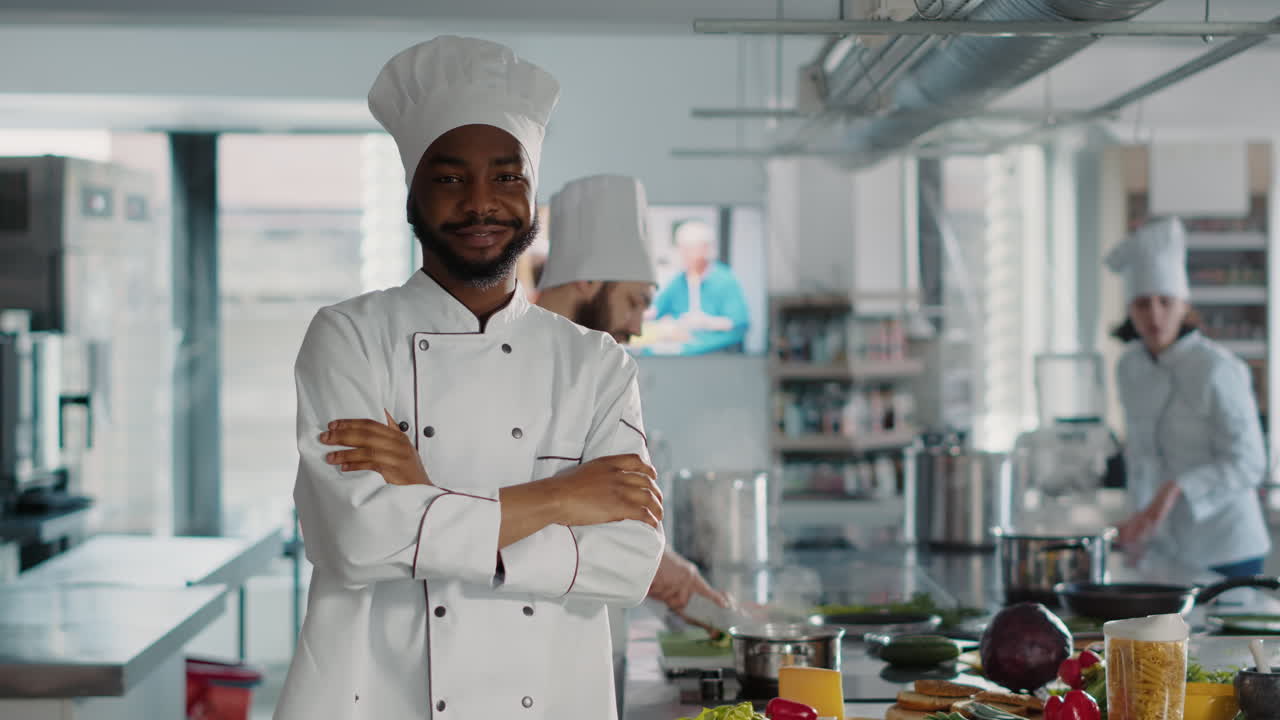 Portrait of confident man working as chef in gourmet kitchen