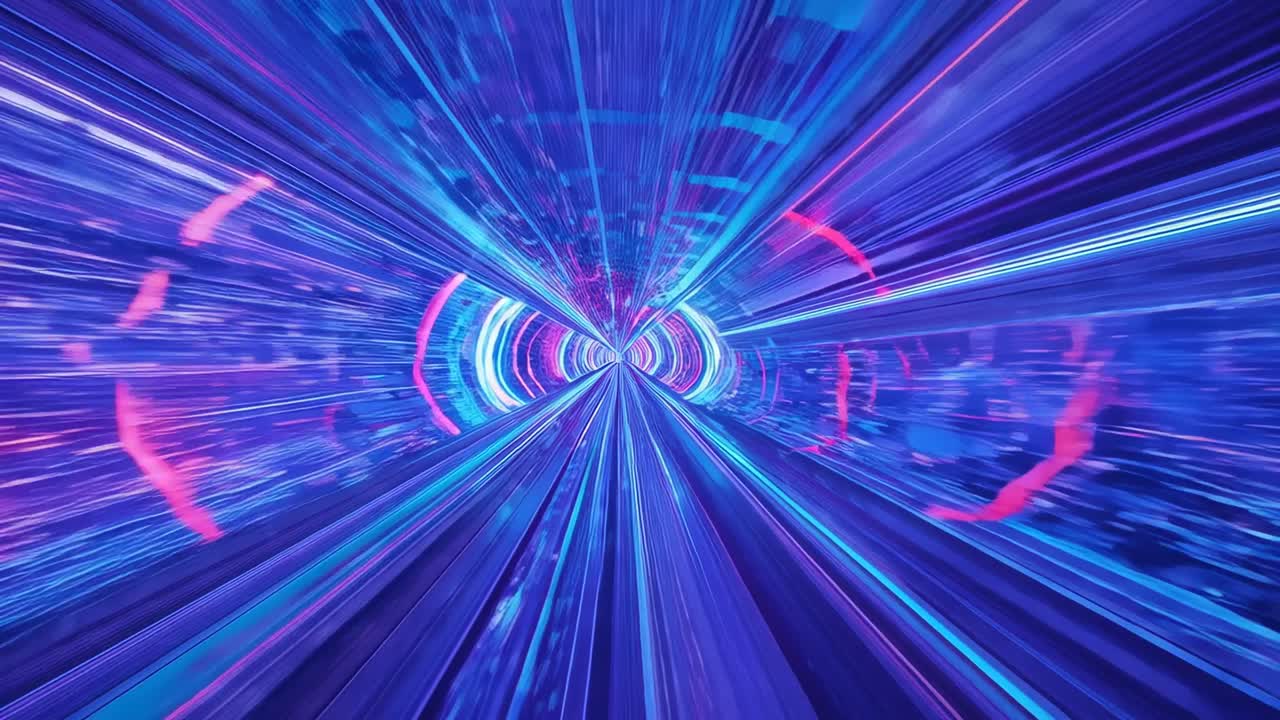 Corridoio con camera che avanza, tirando in avanti attraverso un tunnel al neon con binari e anelli, creando velocità