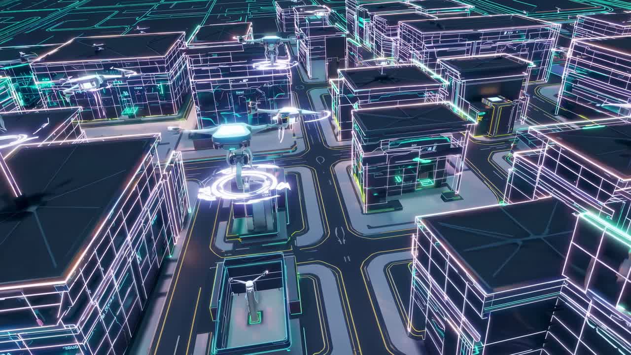 Futuristic cityscape with neon lights and drones. Neon city with drones flying. Urban neon lights