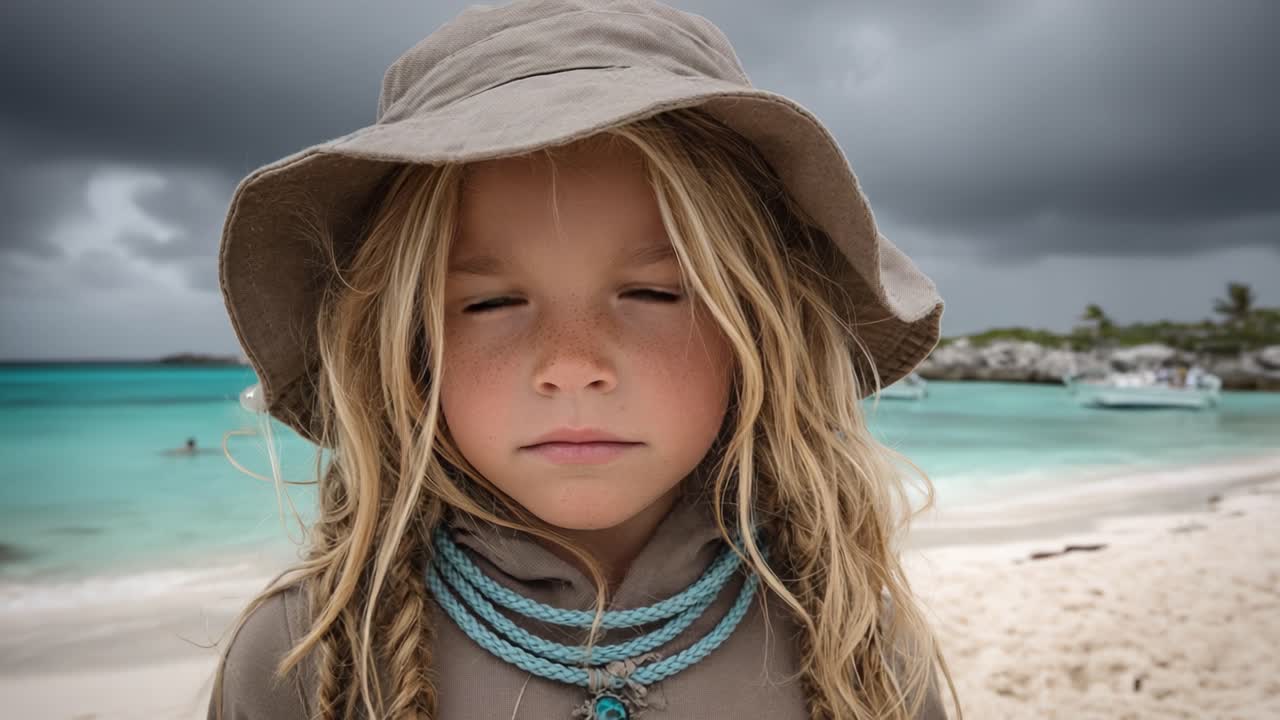 A Young Child Stares Intently at the Camera Against a Backdrop of Stormy Skies and Serene Waters, showcasing a Mix of Innocence and Resilience in Nature's Beauty