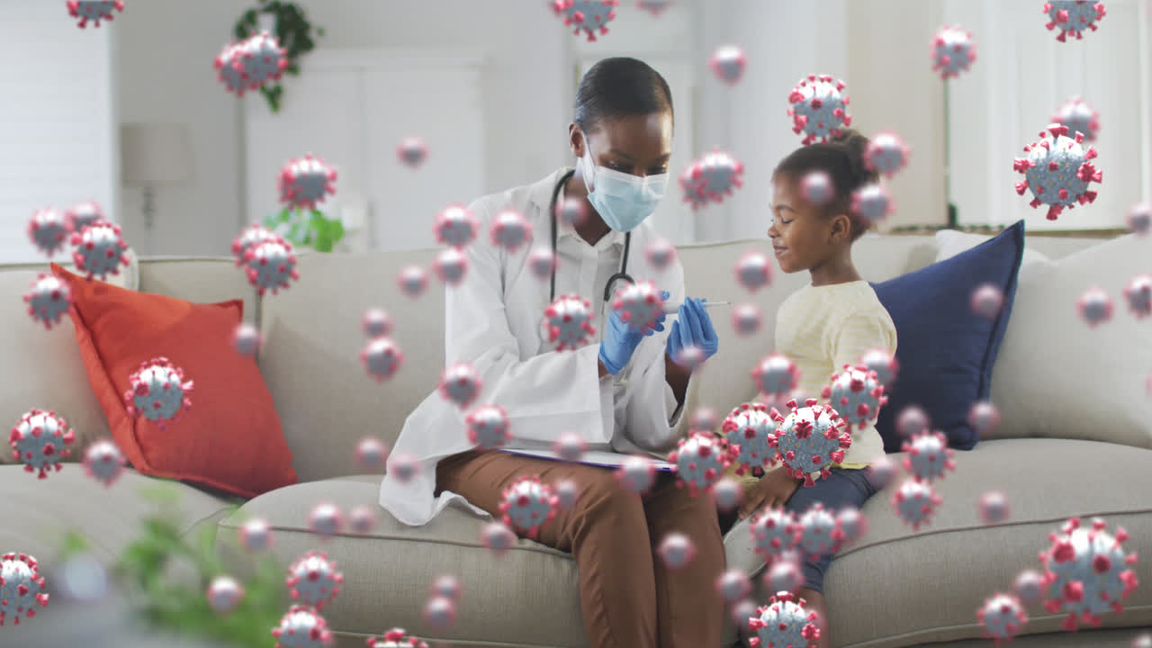 Animation of virus cells over african american female doctor and girl in face mask