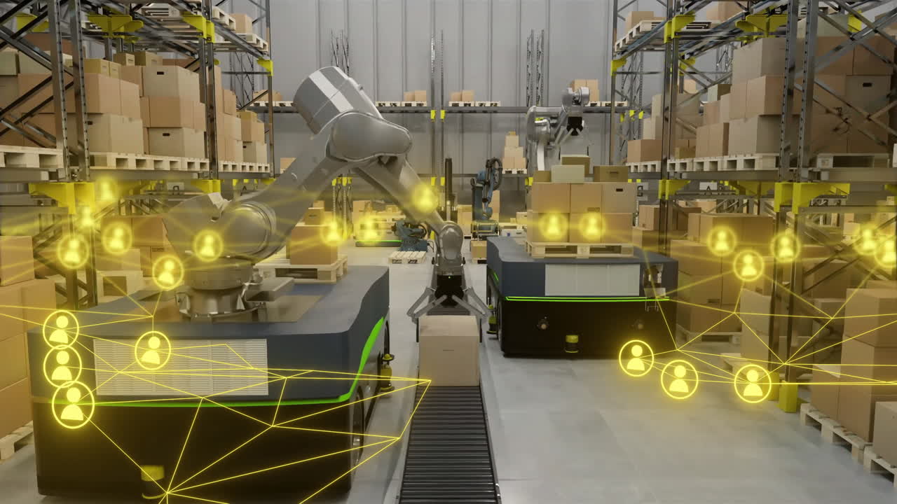 Robotic arms and automated vehicles in warehouse with network connections animation