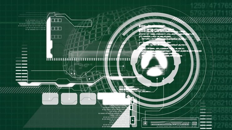 Round scanner and digital interface with data processing against spinning globe on green background