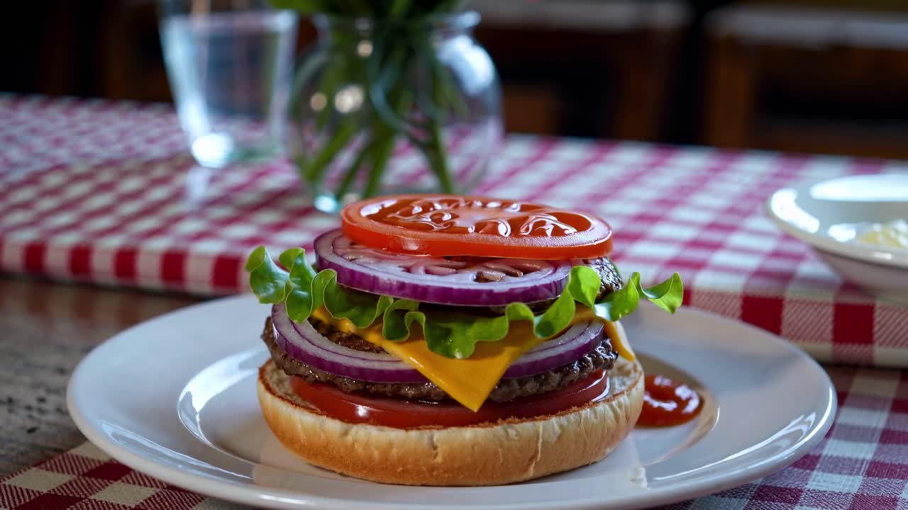 Close-up video shot of a gourmet burger on a white plate, showcasing fresh layers of ingredients