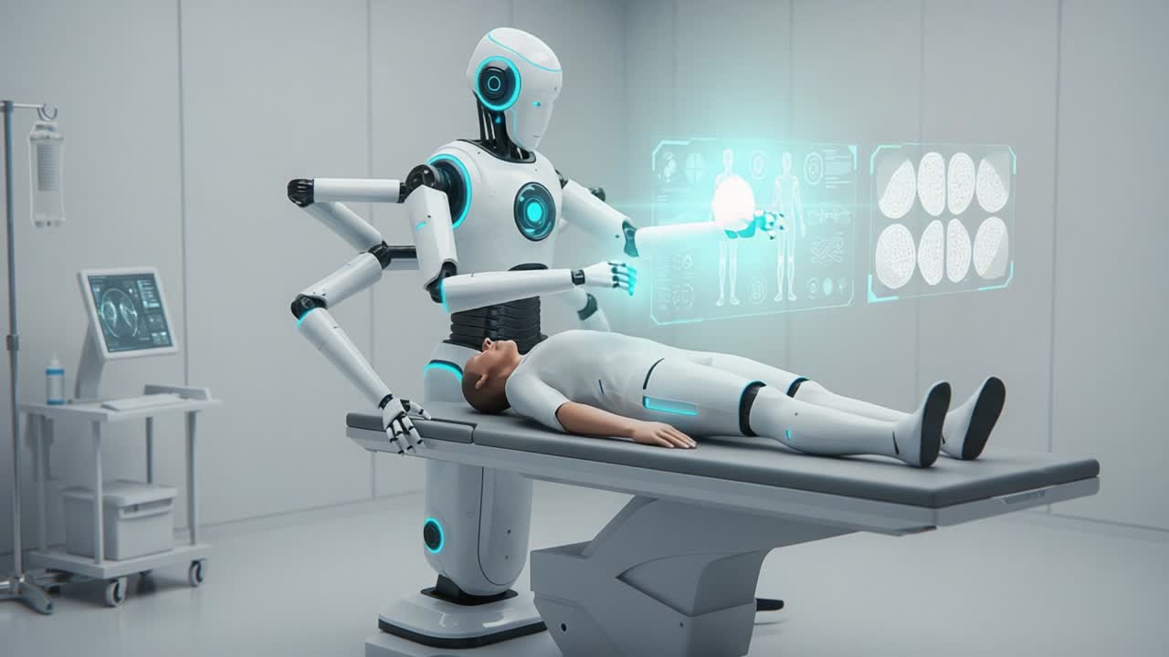 Futuristic Medical Robotics: A Humanoid Robot Assisting in Advanced Surgical Procedures While Monitoring Patient Health Data in High-Tech Healthcare Environment