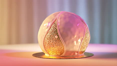 elegant spherical dessert with gold glitter and pink glaze
