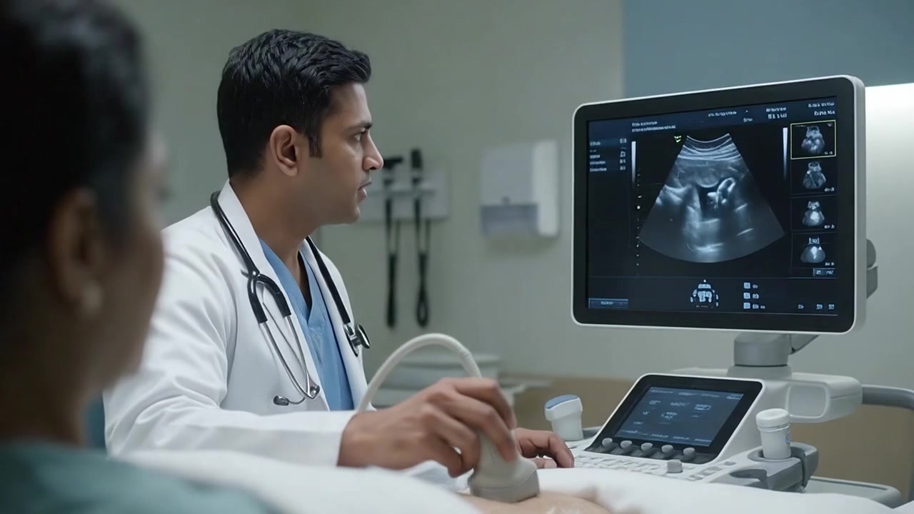 Doctor Performing Ultrasound Examination on Pregnant Patient in Hospital