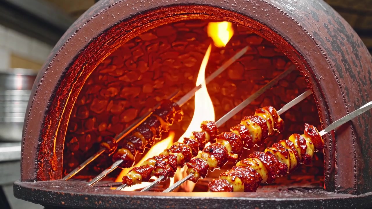Spiedini di carne e verdure in cottura in un tradizionale forno tandoor