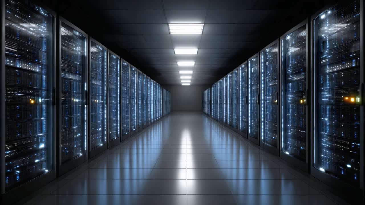 Exploring the Depths of a High-Tech Data Center: A Journey Through Rows of Servers Illuminated by Soft Blue Light, Showcasing the Future of Digital Storage and Connectivity