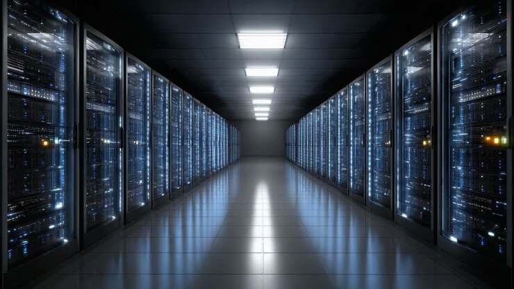 Exploring the Depths of a High-Tech Data Center: A Journey Through Rows of Servers Illuminated by Soft Blue Light, Showcasing the Future of Digital Storage and Connectivity