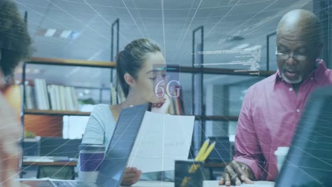 animation of data processing and 6g text over diverse business people in office