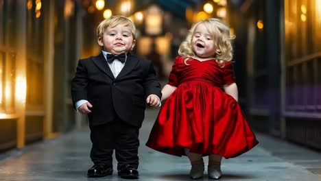 a little boy and a little girl in a red dress holding hands