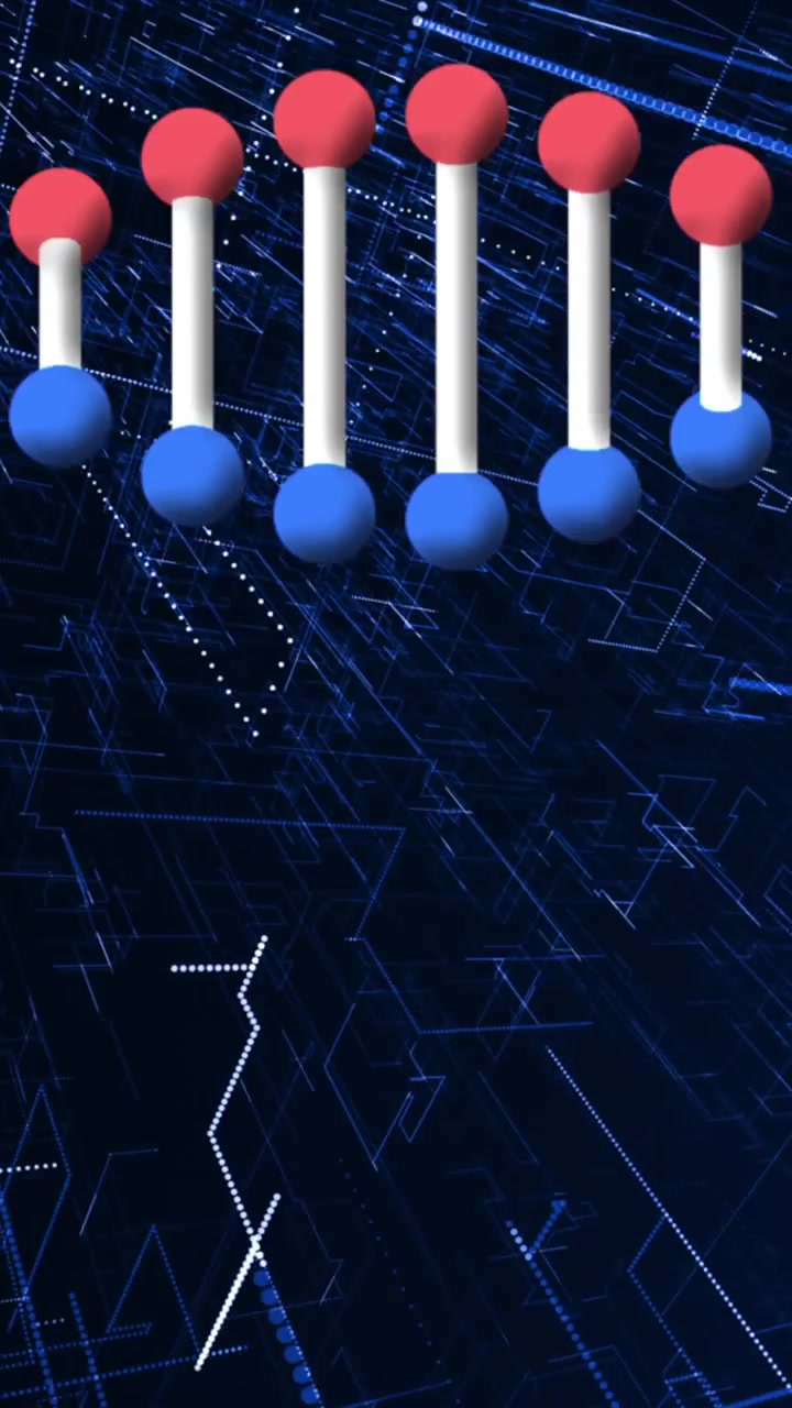 Cyfrowa animacja wirującej struktury DNA na tle struktury miasta 3D na niebieskim tle