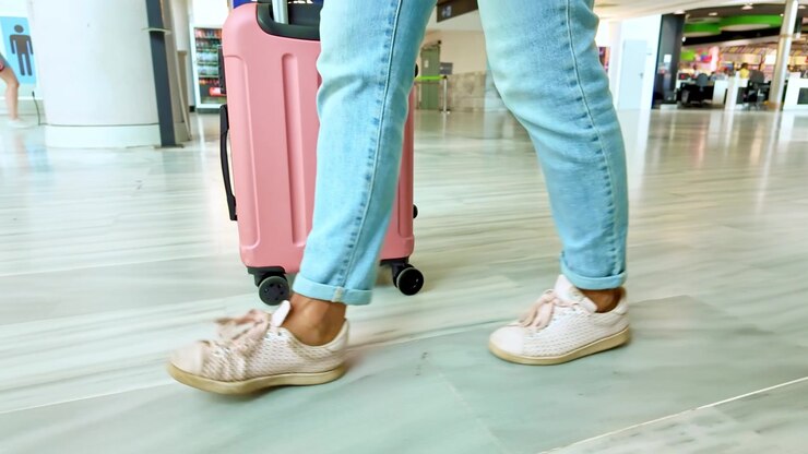 Donna che cammina con una valigia rosa in un terminal aeroportuale
