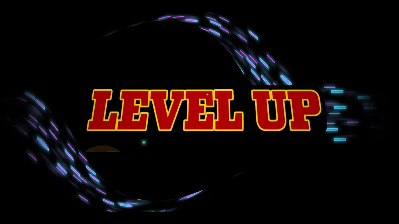 검은 바탕 위에 번개와 함께 레벨 업 텍스트 주위에 움직이는 선의 애니메이션