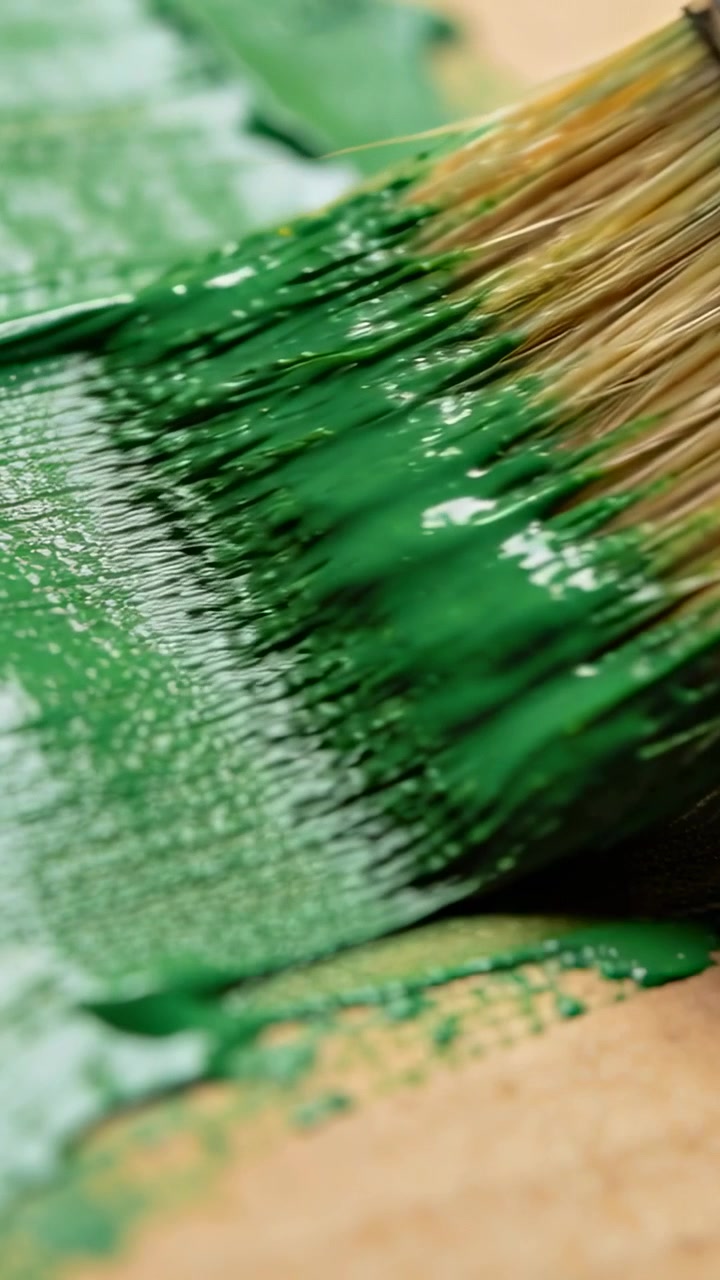 Video vertikal: Masuk dari kanan, kuas dengan ferrule menyebarkan cat hijau di atas kertas kraft, menghaluskan bintik-bintik