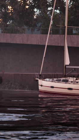 sailboat docked in a harbor at sunset