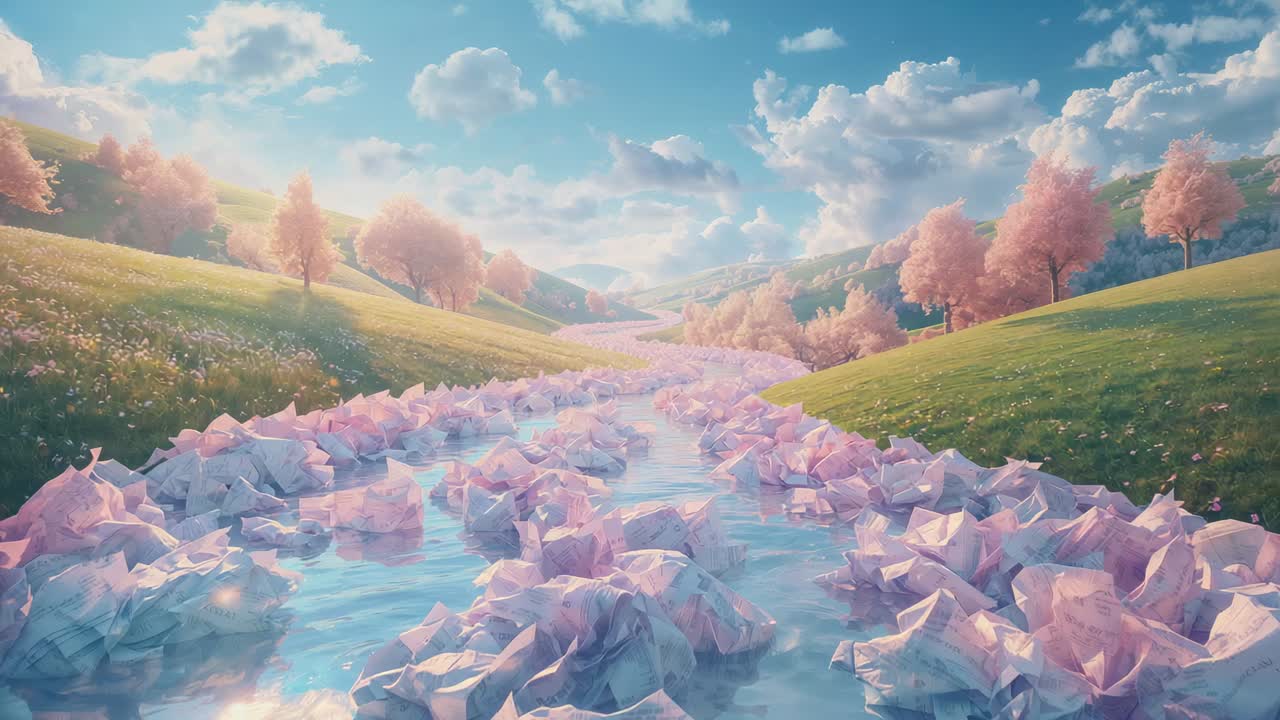 Moving camera revealing river carrying pink origami boats in valley, showing folds and reflections
