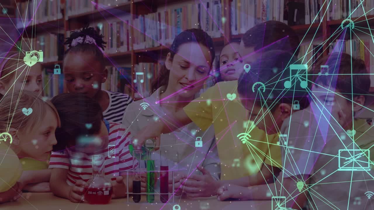 Animation of network of connections over diverse schoolchildren with test tubes and teacher