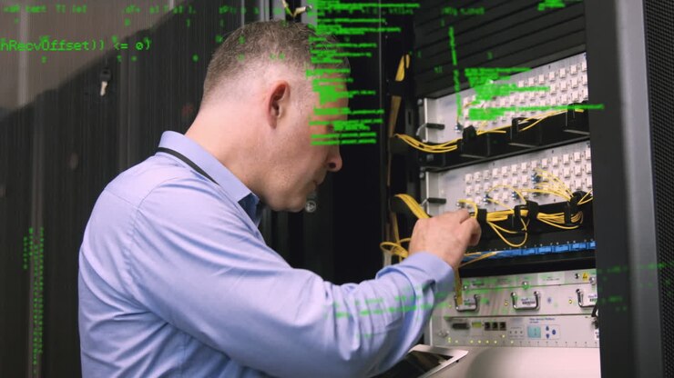 Animation of data processing over caucasian man in server room