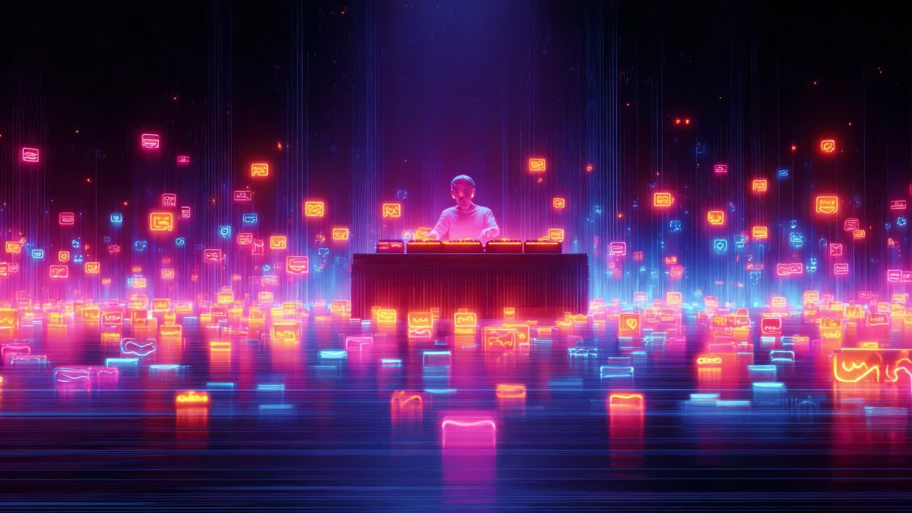A vibrant electronic music performance featuring a DJ surrounded by a dazzling array of colorful glowing icons, creating a mesmerizing experience filled with dynamic energy and rhythm