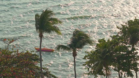 barco anclado en la costa tropical, cocoteros y mar ventoso, cámara lenta estática de fotograma completo