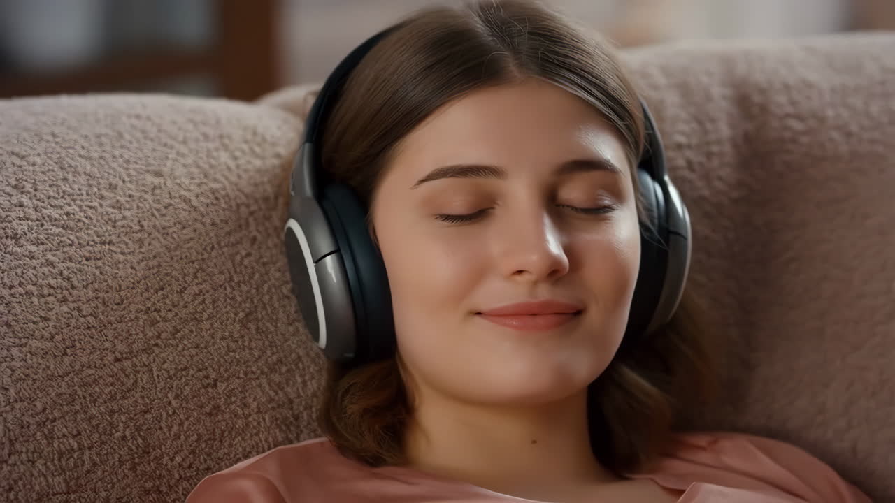 헤드폰을 들고 휴식을 취하는 여자