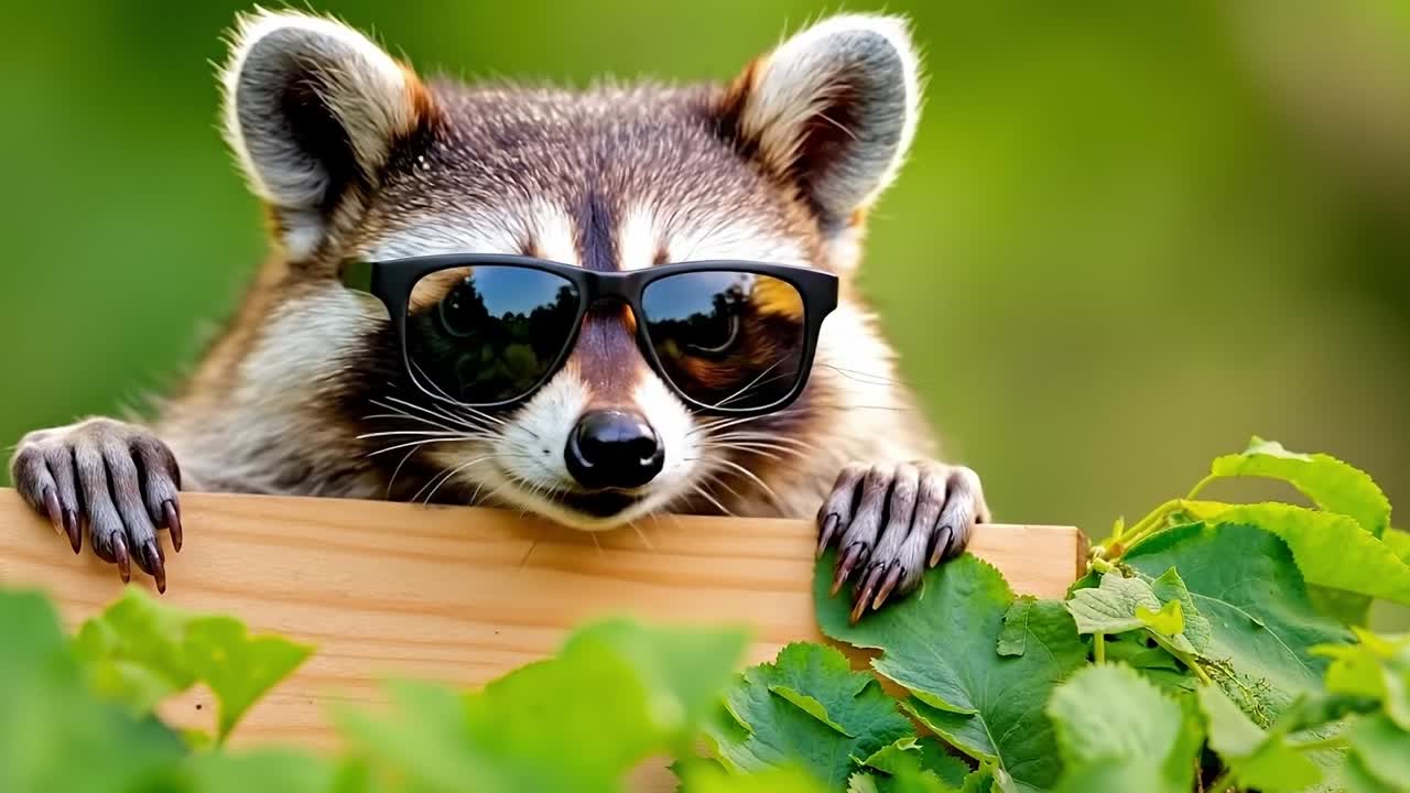 Un mapache con gafas de sol mirando por encima de un cartel de madera