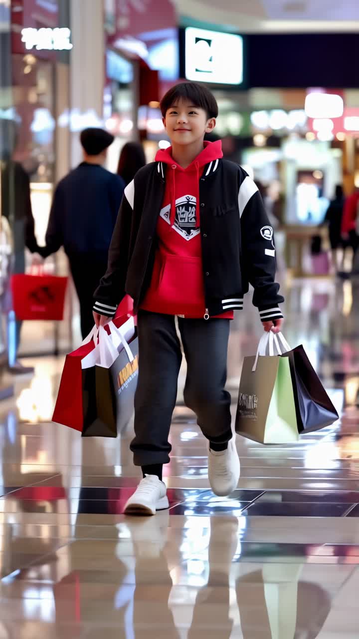 A boy is walking through a mall with a group of people