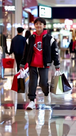 a boy is walking through a mall with a group of people