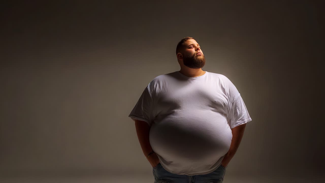 A contemplative figure stands proudly with hands in pockets, gazing upwards, showcasing strength and self-acceptance against a minimalist background, conveying a sense of confidence and resilience