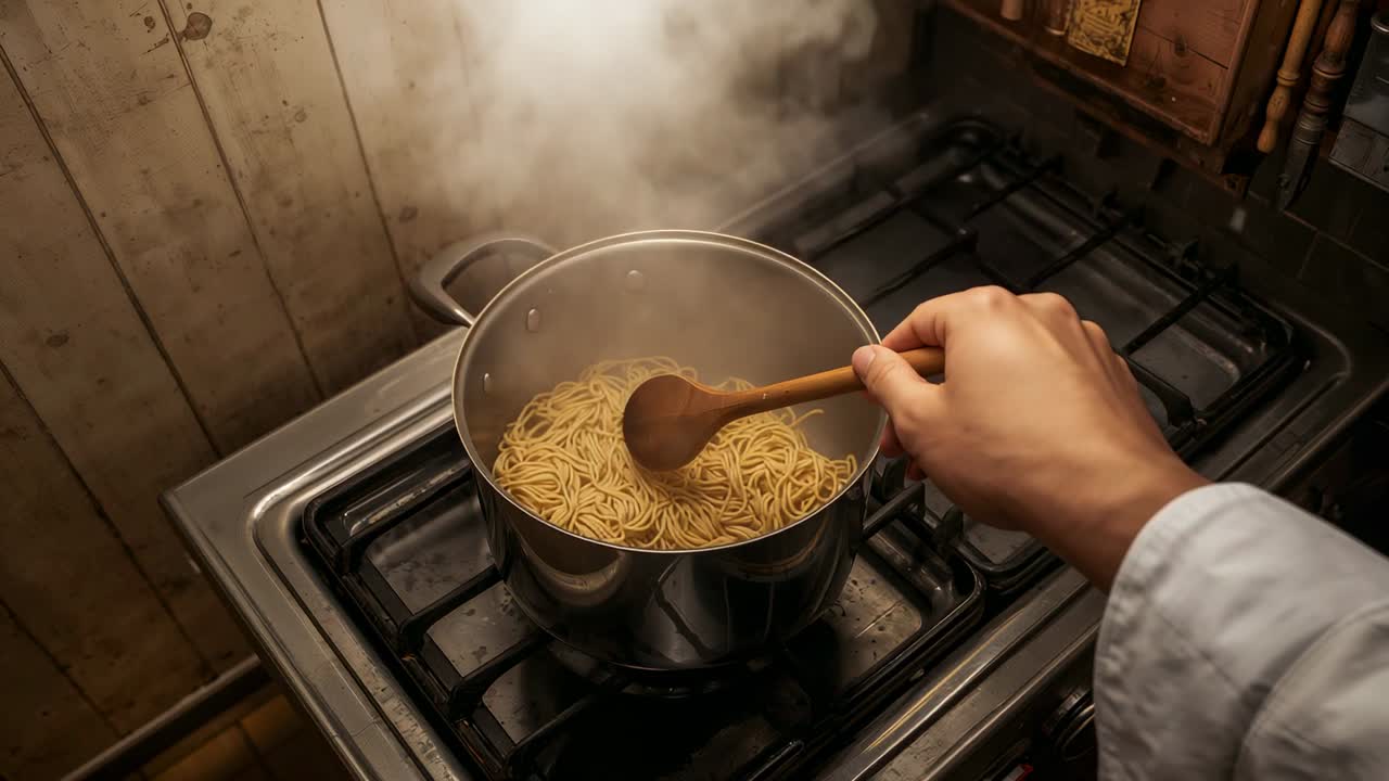 Entering frame cook stirring spaghetti with wooden spoon on gas stove breaking clumps sending steam